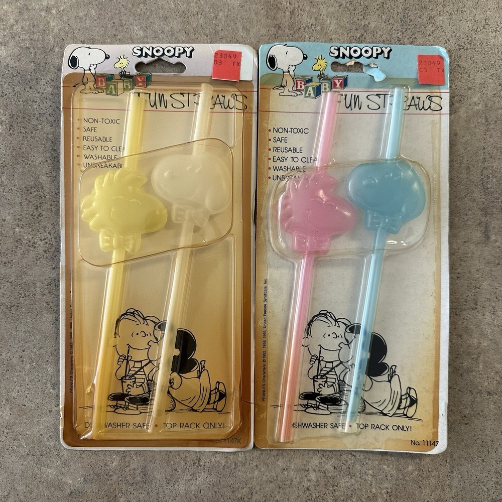 PEANUTS SNOOPY & WOODSTOCK VINTAGE CHARACTERS PLASTIC FIGURAL DRINKING STRAWS‎